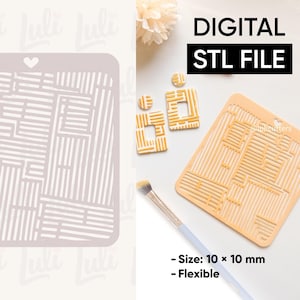 Puede incluir: Un archivo STL digital para manualidades. La imagen muestra una plantilla naranja claro con un diseño geométrico, junto con pendientes terminados y un pincel. El texto dice "DIGITAL STL FILE" y "Tamaño: 10 x 10 mm - Flexible."