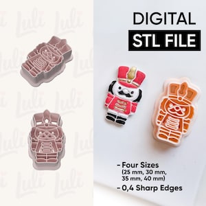 May include: Digital STL file for a nutcracker cookie cutter. The image shows three pink plastic cutters and a finished cookie. The text on the image says "DIGITAL STL FILE" and "Four Sizes (25 mm, 30 mm, 35 mm, 40 mm)".
