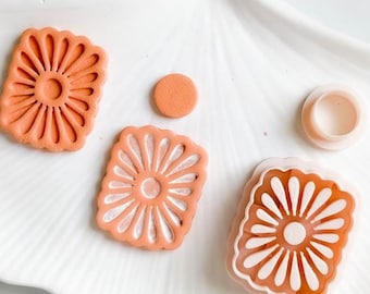 Scalloped Daisy Burst Polymer Clay Cutter Set  Floral Square with Matching Center Circle