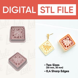 May include: Pink square-shaped cookie cutters with a bee design, alongside a gold-colored earring with a bee motif and a square-shaped design. The image also includes the text "DIGITAL STL FILE" and "Two Sizes (30 mm, 35 mm) - 0,4 Sharp Edges."