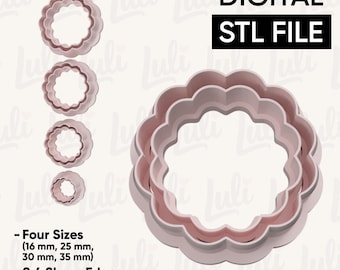 May include: A set of four pink, scalloped-edge cookie cutters in various sizes, ranging from 16 mm to 35 mm. The image also includes the text "DIGITAL STL FILE" and "- Four Sizes (16 mm, 25 mm, 30 mm, 35 mm) - 0,4 Sharp Edges."