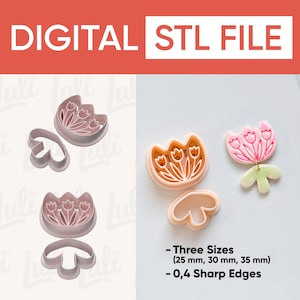 Op de afbeelding: Digitale STL-bestand met tulpvormige koekjessnijders in drie maten: 25 mm, 30 mm en 35 mm. De snijders hebben 0,4 scherpe randen. De afbeelding toont de snijders in roze en oranje, met de tekst "DIGITAL STL FILE".