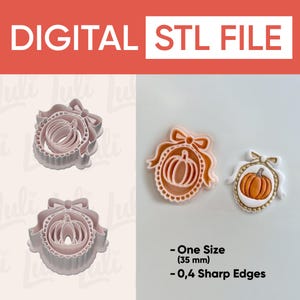 May include: A digital STL file for a pumpkin cookie cutter featuring a bow and scalloped frame design. The set includes two light pink plastic cutters and two corresponding orange and white decorated cookies. Text reads: DIGITAL STL FILE, One Size (35 mm), 0,4 Sharp Edges.