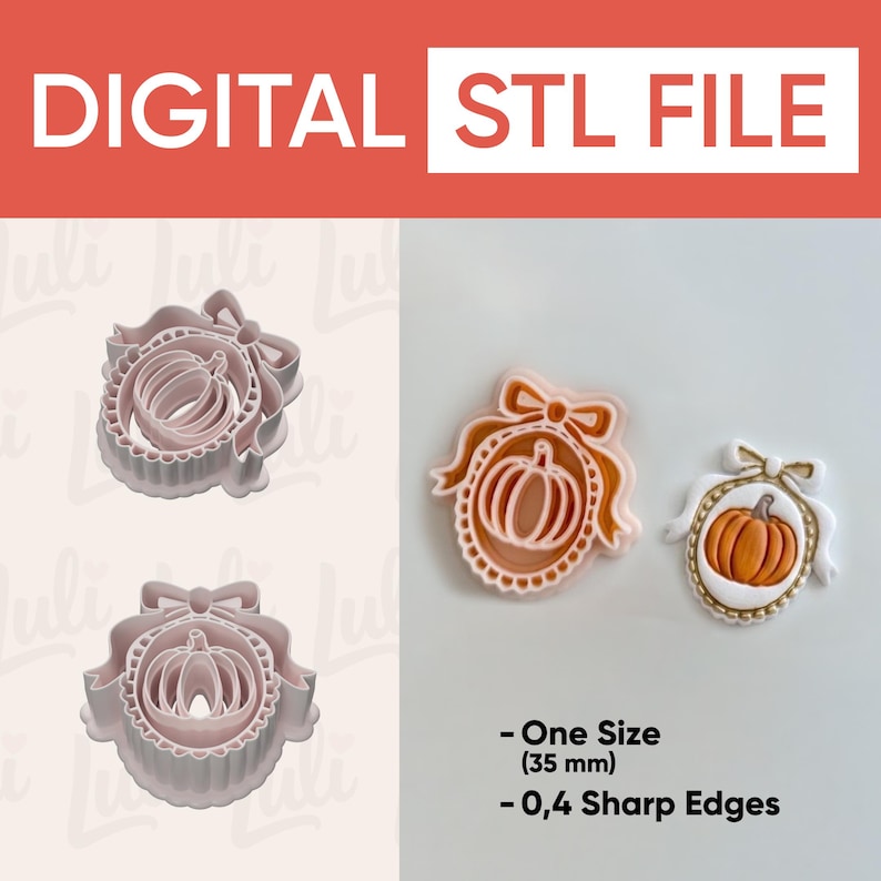 May include: A digital STL file for a pumpkin cookie cutter featuring a bow and scalloped frame design. The set includes two light pink plastic cutters and two corresponding orange and white decorated cookies. Text reads: DIGITAL STL FILE, One Size (35 mm), 0,4 Sharp Edges.