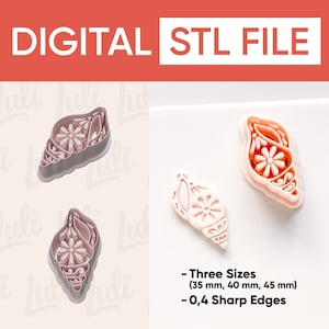 Könnte beinhalten: Das Bild zeigt eine digitale STL-Datei für Ausstecher in Muschelform. Die Ausstecher sind in drei Größen erhältlich: 35 mm, 40 mm und 45 mm. Sie haben 0,4 scharfe Kanten. Der Text "DIGITAL STL FILE" steht oben.