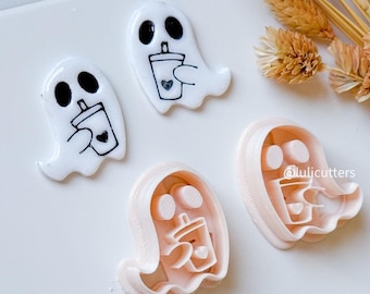 Coffee-Loving Ghost Clay Cutter: Halloween Polymer Clay Earrings & Charms