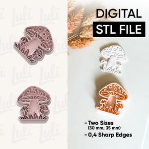 Op de afbeelding: Digitale STL-bestand met paddenstoelvormige koekjessnijders. De afbeelding toont twee maten, 30 mm en 35 mm, met 0,4 scherpe randen. De uitstekers zijn lichtroze van kleur. De tekst "DIGITAL STL FILE" wordt weergegeven in een zwarte rechthoek.