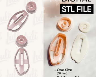 May include: A collection of light pink cookie cutters and a white cookie. The cutters include a donut shape, a long oval with a rectangle cutout, and a round shape. The text "DIGITAL STL FILE" is displayed.
