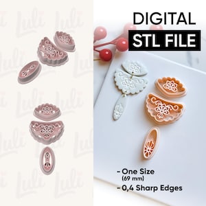 Puede incluir: Una colección de cortadores de arcilla polimérica rosa con forma floral y un pendiente terminado. La imagen incluye el texto "DIGITAL STL FILE" y las medidas: One Size (69 mm) y 0,4 Sharp Edges.