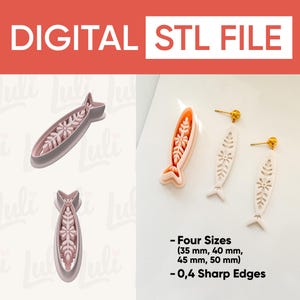 May include: Digital STL file featuring a floral design. The image shows a 3D printed cutter and earrings with the same design. The cutter is pink, and the earrings are white with gold accents. The file is available in four sizes: 35 mm, 40 mm, 45 mm, and 50 mm.