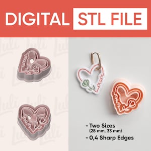 Op de afbeelding: Digitale STL-bestand met hartvormige ontwerpen met het woord "mom" en bloemaccenten. De afbeelding bevat twee maten: 28 mm en 33 mm, met 0,4 scherpe randen. De tekst "DIGITAL STL FILE" wordt bovenaan weergegeven.