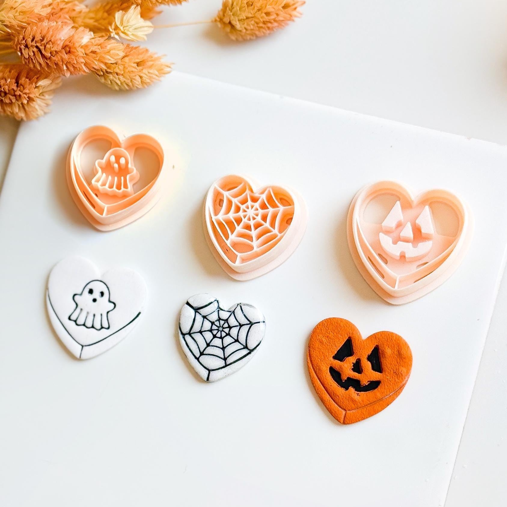 Pumpkin Ghost Spiderweb Heart Cutters – Halloween Earring Mold – Polymer Clay Cutter Set – Spooky Clay Tools 00849