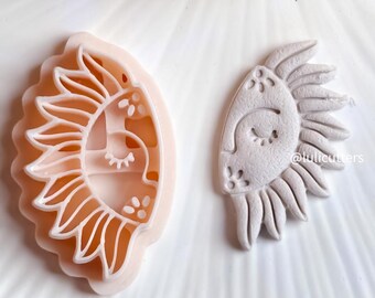 Floral Sun Face Polymer Clay Cutter  Crescent Sun with Imprint Flowers for Celestial Earrings