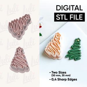 Può includere: File STL digitale per un tagliabiscotti a forma di albero di Natale. L'immagine mostra due dimensioni del tagliabiscotti, una in rosa e una in verde. Il testo sull'immagine recita "DIGITAL STL FILE" e "Two Sizes (30 mm, 35 mm) - 0,4 Sharp Edges."