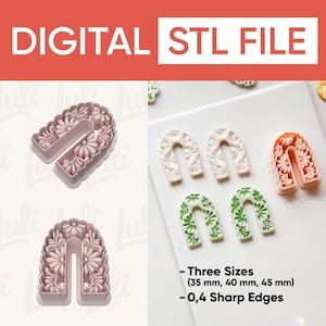 Może przedstawiać: Cyfrowy plik STL do wykrawacza do ciastek w kształcie łuku z stokrotkami. Obrazek przedstawia wykrawacz w kolorze różowym, wraz z przykładami ciasteczek w kolorze białym, zielonym i pomarańczowym. Tekst wskazuje trzy rozmiary: 35 mm, 40 mm i 45 mm, z ostrymi krawędziami 0,4.