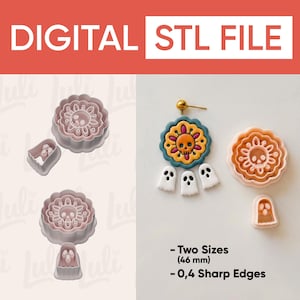 Puede incluir: Archivo STL digital para impresión 3D de cortadores de galletas con borde festoneado, un motivo central de calavera y una forma de fantasma separada. El set incluye dos tamaños de 46 mm con bordes afilados de 0,4 mm para cortes precisos.
