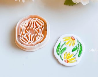 Taglierina in argilla con impronta di fiore di margherita, motivo floreale rotondo con linee dettagliate verniciabili