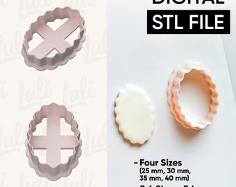 May include: Pink oval-shaped cookie cutters with a cross design, and a white oval-shaped cookie. The image also includes the text "DIGITAL STL FILE" and "- Four Sizes (25 mm, 30 mm, 35 mm, 40 mm) - 0,4 Sharp Edges."