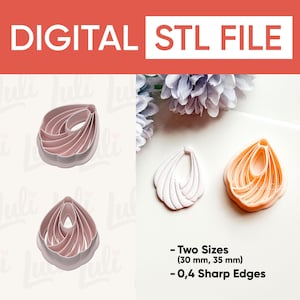 Op de afbeelding: Digitale STL-bestand voor oorbellenuitstekers. De afbeelding toont twee roze plastic oorbellenuitstekers in verschillende maten, samen met een afgewerkte oorbel. De tekst op de afbeelding luidt "DIGITAL STL FILE" en "Two Sizes (30 mm, 35 mm) - 0,4 Sharp Edges."