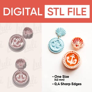 May include: Digital STL file image featuring nautical-themed designs. Includes anchor and seashell shapes in various colors, along with the text "DIGITAL STL FILE". The designs are approximately 1.65 inches in size and have sharp edges.