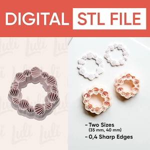 Op de afbeelding: Digitale STL-bestand van schelpvormige koekjessnijders in twee maten: 35 mm en 40 mm. De snijders hebben scherpe randen. De tekst "DIGITAL STL FILE" is inbegrepen.