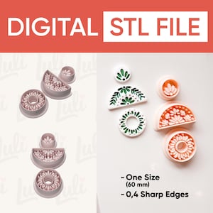 Könnte beinhalten: Eine Sammlung von rosa und weißen STL-Dateien in Blumenform für digitales Basteln. Das Bild zeigt verschiedene Designs, wie Halbkreise, Kreise und Blumenformen. Der Text oben lautet "DIGITAL STL FILE". Die Größe beträgt 60 mm.