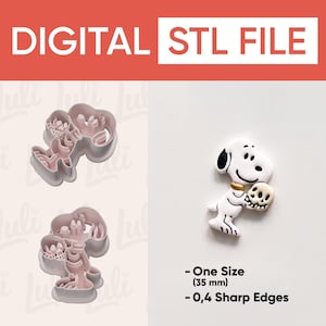May include: A digital STL file for a cookie cutter featuring a white cartoon dog holding a skull. The set includes two light pink plastic cutters and a finished white cookie with black outlines, a gold collar, and a skull. Text reads: DIGITAL STL FILE, One Size (35 mm), 0,4 Sharp Edges.