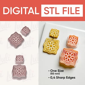 May include: The image displays several flower-shaped cookie cutters in various colors, including pink and orange. The cutters are square with a floral design in the center. The text "DIGITAL STL FILE" is at the top. The size is 50 mm.