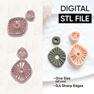 Puede incluir: Una colección de cortadores de galletas rosas y verdes en varias formas, incluyendo un cuadrado con un diseño radial y una forma pequeña y redonda. La imagen incluye el texto "DIGITAL STL FILE" y medidas de 49 mm y 0,4 bordes afilados.