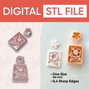 Puede incluir: Imagen de un archivo STL digital para un cortador de galletas con forma de flor de hibisco. El diseño incluye un cortador rectangular con una flor detallada y un cortador separado con forma de flor. El texto "DIGITAL STL FILE" está en la parte superior.