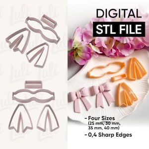 Puede incluir: Archivo STL digital con cortadores de galletas en forma de lazo. La imagen muestra los cortadores en rosa claro y naranja, junto con ejemplos de los lazos. El texto indica cuatro tamaños: 25 mm, 30 mm, 35 mm y 40 mm.