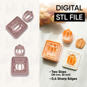 Könnte beinhalten: Digitales STL-Datei für Kürbis-Ausstecher. Die Ausstecher gibt es in zwei Größen, 30 mm und 35 mm, mit 0,4 scharfen Kanten. Das Bild zeigt die Ausstecher in Rosa und Orange.