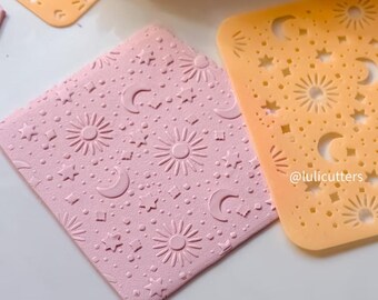 Sun Moon Stars Polymer Clay Stencil  Celestial Texture Sheet for Jewelry, Earrings, and Crafts