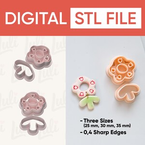 May include: Digital STL file featuring flower and leaf-shaped cookie cutters. The cutters are light pink and come in three sizes: 25 mm, 30 mm, and 35 mm. The image also highlights the 0.4 sharp edges of the cutters.