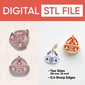 May include: Image of a digital STL file for a sailboat-shaped cookie cutter. The cutter is pink and features floral and wheel details. The image also shows a finished sailboat charm with blue and white floral designs. Text reads "DIGITAL STL FILE".