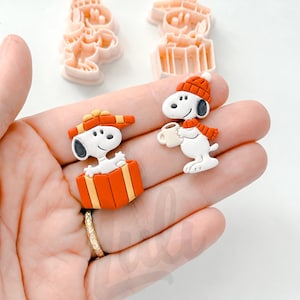 Può includere: Due stampini per biscotti a tema Snoopy e due decorazioni abbinate in argilla o plastica. Una decorazione mostra Snoopy in una scatola regalo con un cappello rosso, l'altra Snoopy con una sciarpa rossa e una tazza. Gli stampini sono color pesca chiaro.