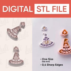 May include: A digital STL file for a witch hat cookie cutter set. The set includes a hat-shaped cutter and a small star-shaped cutter. The design features a belt and floral details. The product is one size, measuring 46 mm with 0.4 mm sharp edges.