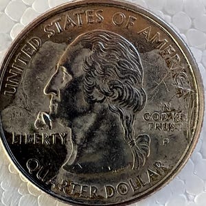 May include: A United States quarter dollar coin, featuring a profile of George Washington, the words "Liberty", "United States of America", and "Quarter Dollar". The coin also includes the phrase "In God We Trust".