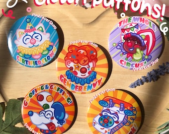 Clown Pinback Buttons! Clowns, Jesters, Dogs & Cats!
