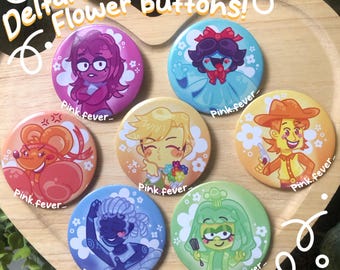 Deltarune Flower Pinback Buttons! Flowery, Aqua, Seth, Yellow, Green, Orange, & Blue