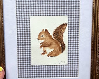 Dipinto originale ad acquerello raffigurante uno scoiattolo, formato 8x10 con passepartout, tema bosco autunnale.