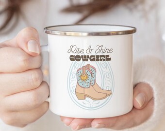 Rise and Shine Cowgirl Boots Enamel Coffee Mug