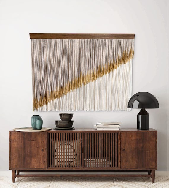 Mid-Century Modern Macrame Wall Hanging: Wool Fiber Art with Gold, Headboard Tapestry