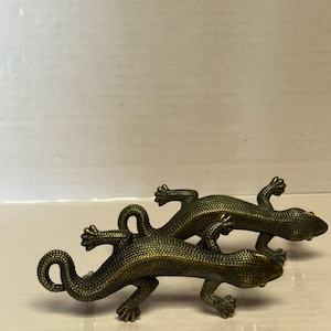 May include: Two bronze-colored lizard-shaped cabinet pulls. The lizards are detailed with textured scales and curled tails. The pulls are designed to be mounted on a cabinet or drawer, adding a decorative touch to furniture.
