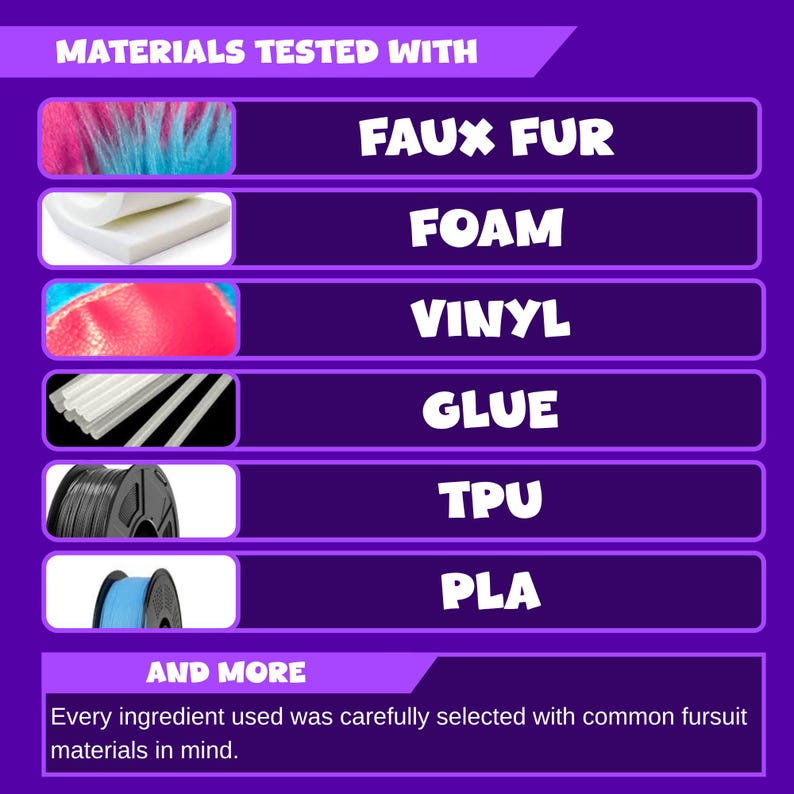 May include: A purple informational chart titled MATERIALS TESTED WITH, listing faux fur, foam, vinyl, glue, TPU, and PLA with corresponding visual samples. The bottom text states: AND MORE. Every ingredient used was carefully selected with common fursuit materials in mind.