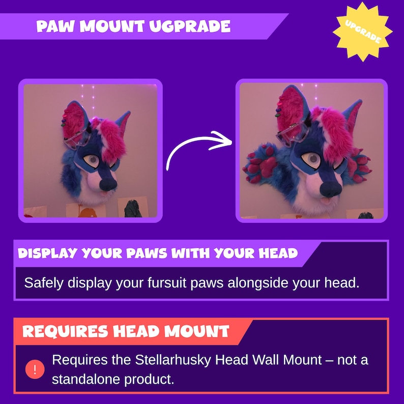 May include: A purple graphic with the text "PAW MOUNT UPGADE" and "UPGRADE". The image shows a fursuit head with blue, pink, and white fur. The text "DISPLAY YOUR PAWS WITH YOUR HEAD" and "REQUIRES HEAD MOUNT" are also present.