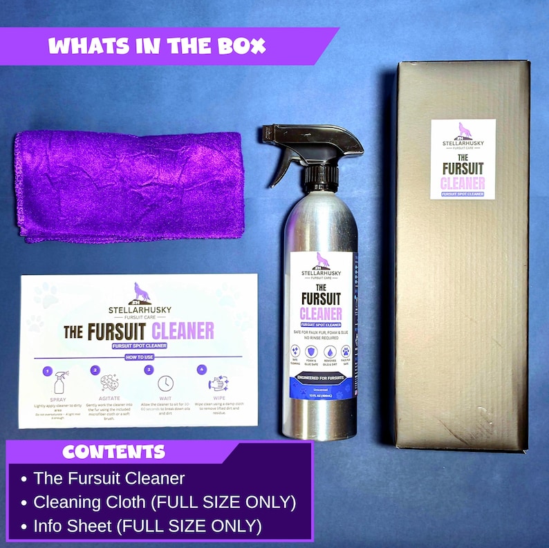 May include: A StellarHusky Fursuit Cleaner kit containing a silver spray bottle with a black trigger, a purple microfiber cloth, and a white instructional sheet. The bottle label reads The Fursuit Cleaner, and a tall rectangular box is included.
