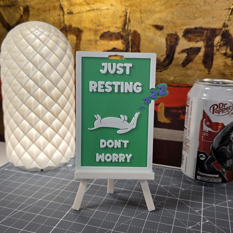 K&ouml;nnte beinhalten: Ein kleines gr&uuml;nes Schild mit wei&szlig;em Text, auf dem "JUST RESTING DON'T WORRY" steht, und eine Illustration eines schlafenden Hundes. Das Schild steht auf einer wei&szlig;en Staffelei. Eine wei&szlig;e, strukturierte Lampe und eine Dr. Pepper-Dose befinden sich im Hintergrund.