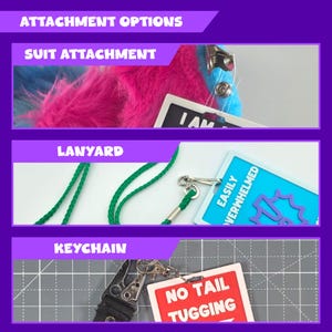 Puede incluir: Imagen que muestra opciones de fijaci&oacute;n. Incluye una fijaci&oacute;n para traje con pelo rosa y azul, un cord&oacute;n con un cord&oacute;n verde y una etiqueta azul que dice "EASILY OVERWHELMED", y un llavero con "NO TAIL TUGGING".