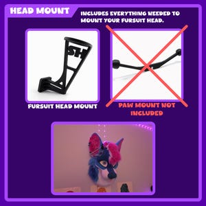 May include: A black fursuit head mount with the text "SH" on it. The image also includes a picture of a fursuit head and the text "Includes everything needed to mount your fursuit head."